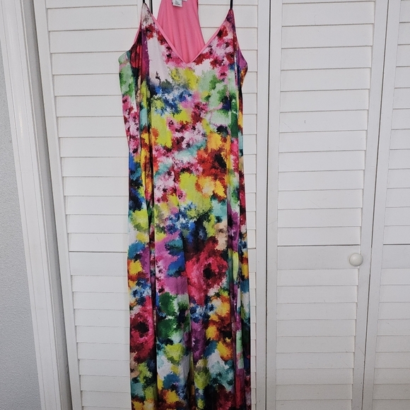 Nicole Miller NY Woman's Maxi Dress L Colorful Watercolor Floral Boho Summer - Picture 3 of 9